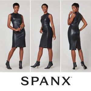 SPANX Women's Black Leather Like Sleeveless Mixed Media Sheath Dress NWT Size‎ L